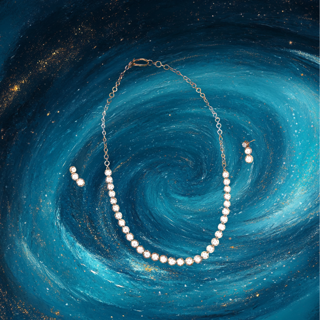 Radiant Orbit Necklace and Studs - 14K Solid Gold Diamond Necklace and Diamond Studs