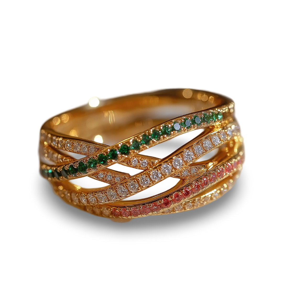 Crossroad Ring - 14K Solid Gold Diamond and Tourmaline Ring