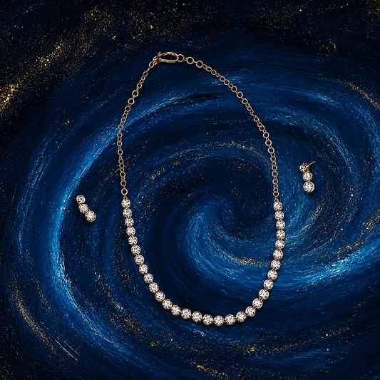 Radiant Orbit Necklace and Studs - 14K Solid Gold Diamond Necklace and Diamond Studs