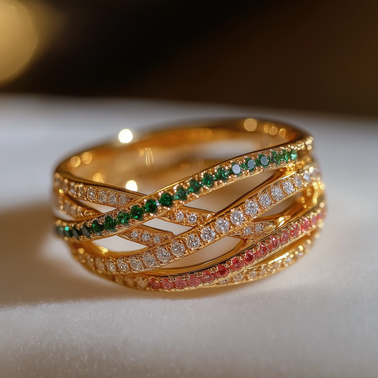 Crossroad Ring - 14K Solid Gold Diamond and Tourmaline Ring
